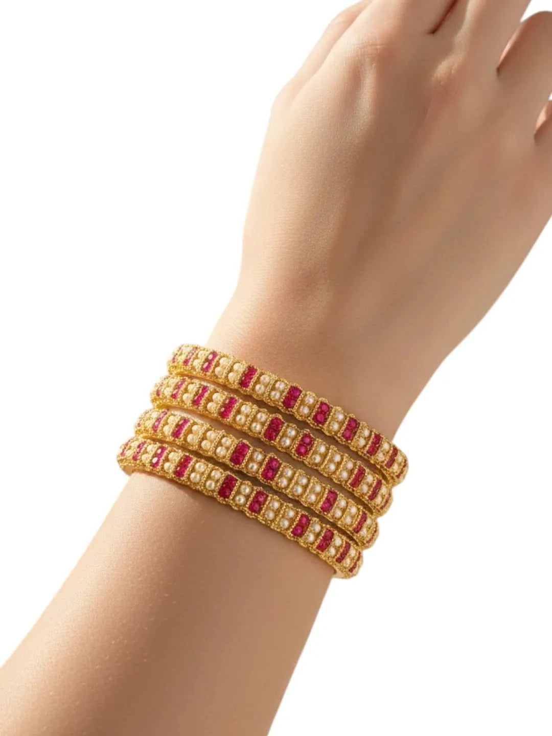 Gold Plated Set Of 4 Traditional Red Stone Moti Bangles