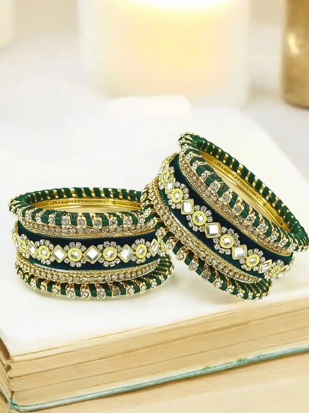 Set Of 10 Gold Plated Green Velvet Silk Chuda Set