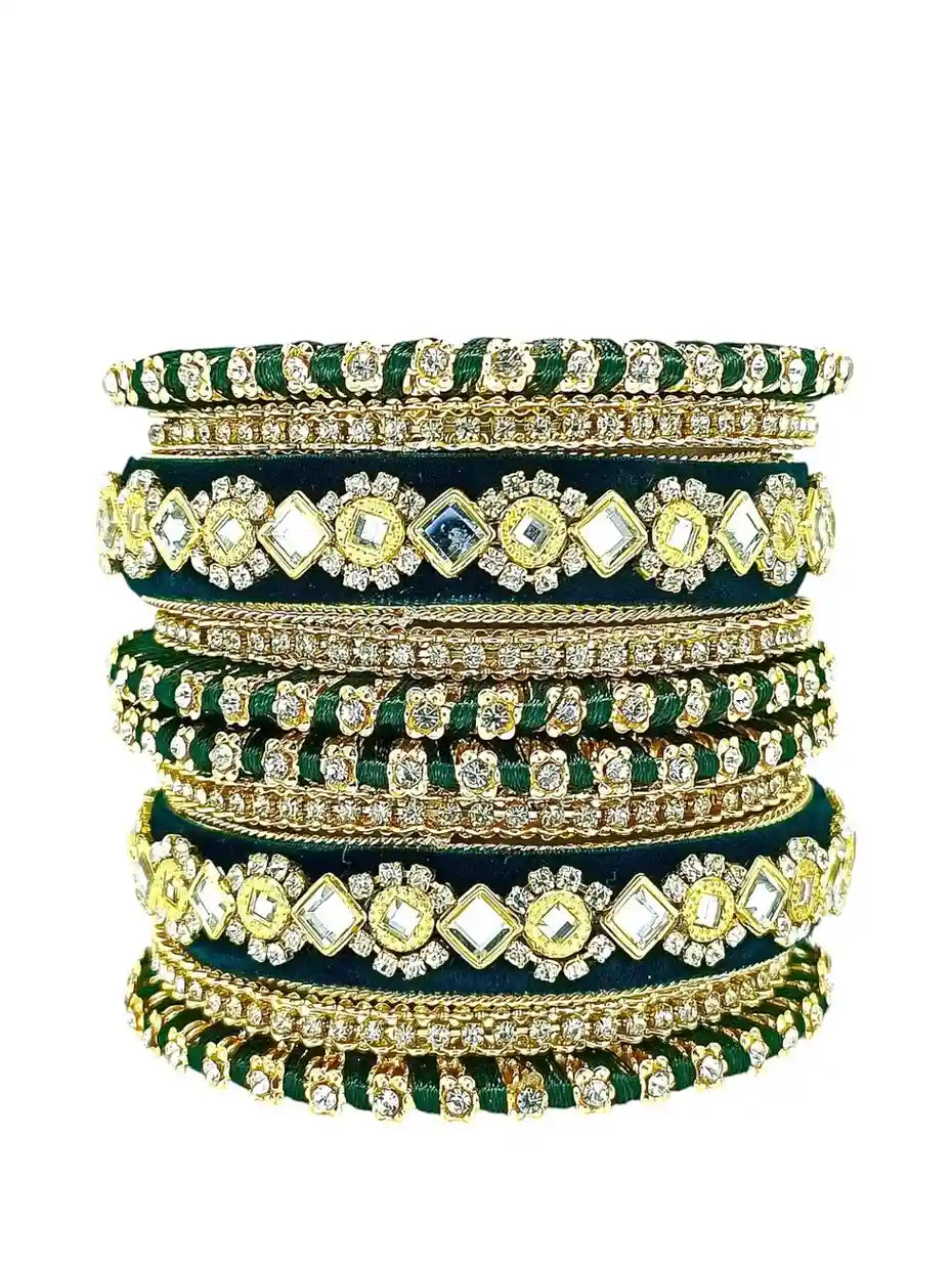 Set Of 10 Gold Plated Green Velvet Silk Chuda Set