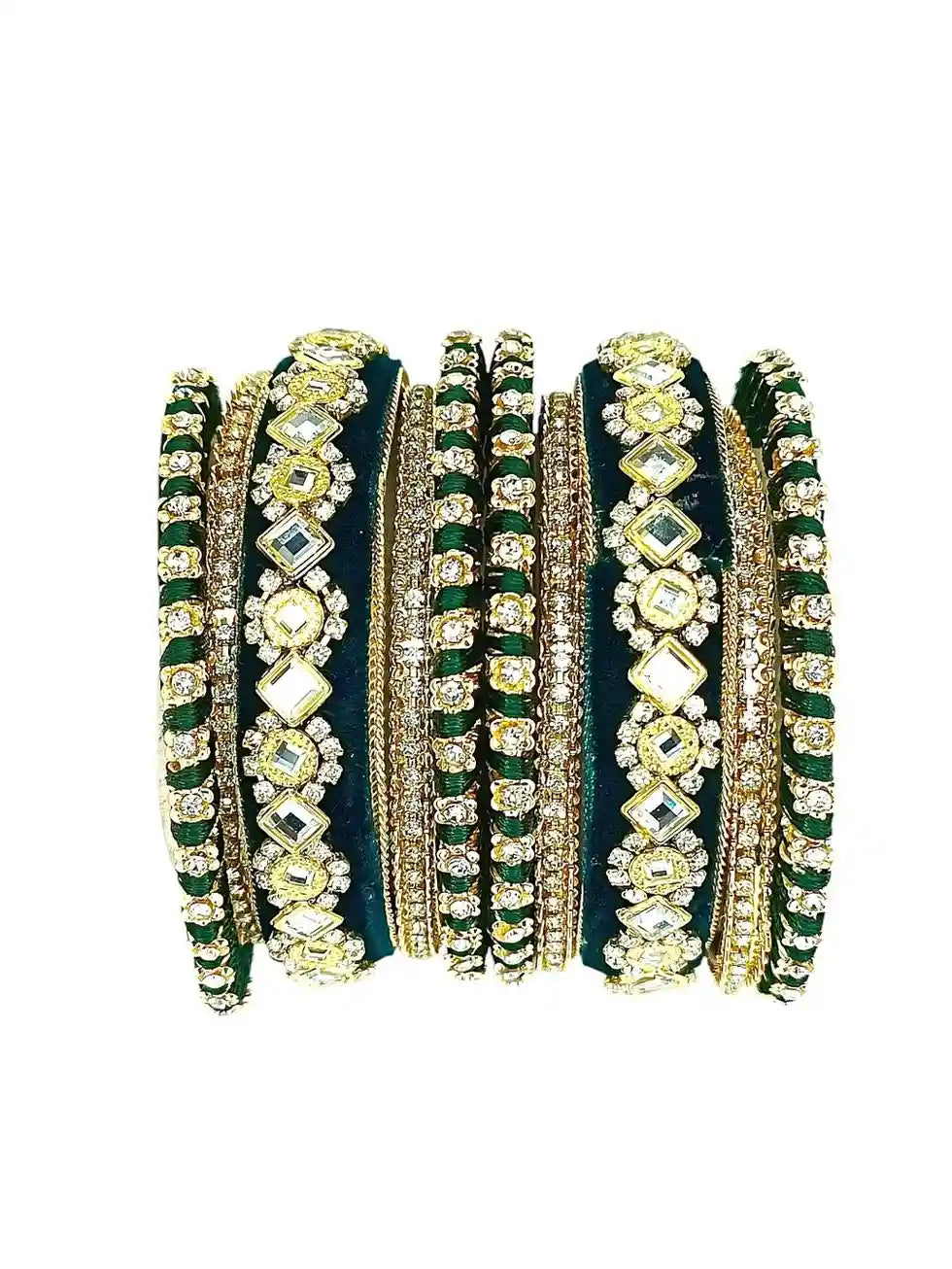 Set Of 10 Gold Plated Green Velvet Silk Chuda Set