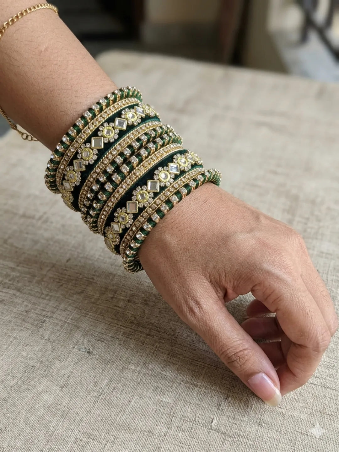 Set Of 10 Gold Plated Green Velvet Silk Chuda Set