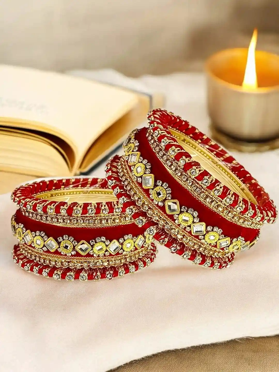 Set Of 10 Gold Plated Rose Red Velvet Silk Chuda Set