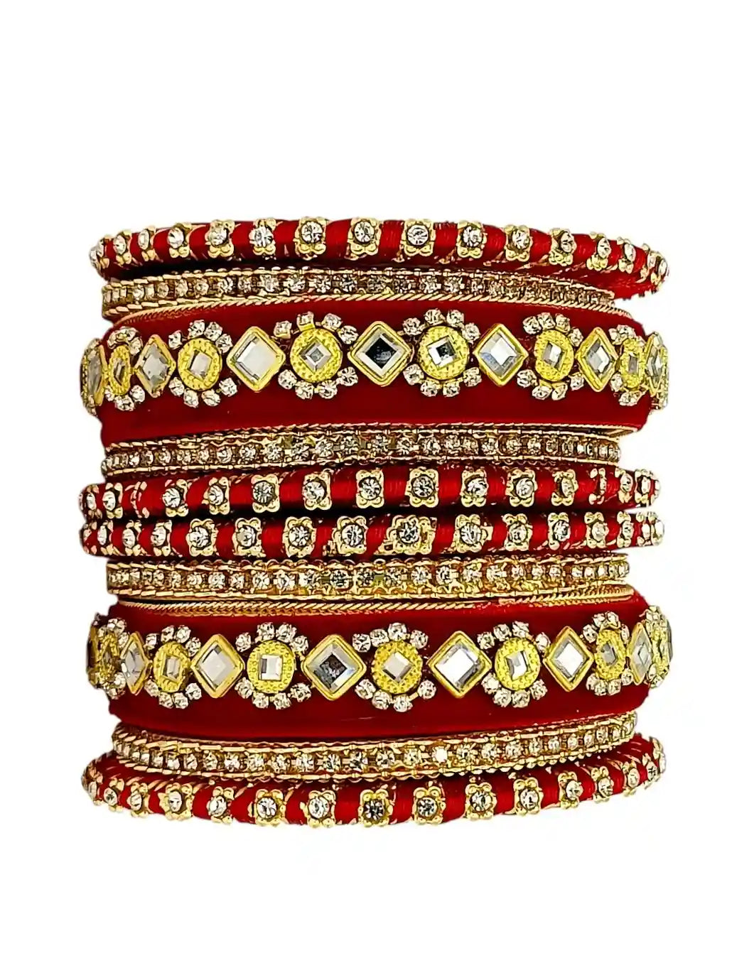 Set Of 10 Gold Plated Rose Red Velvet Silk Chuda Set