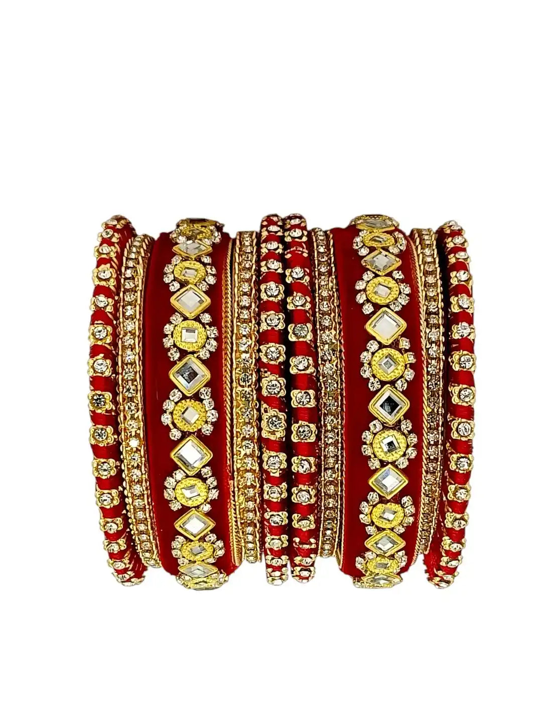Set Of 10 Gold Plated Rose Red Velvet Silk Chuda Set