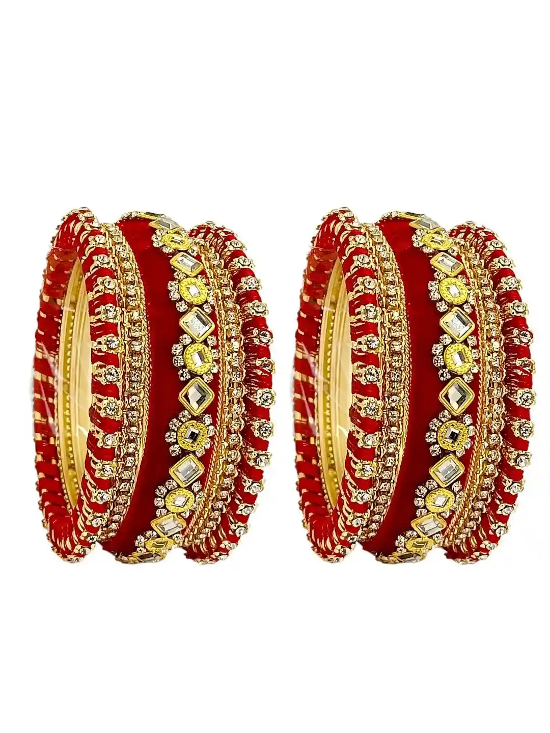 Set Of 10 Gold Plated Rose Red Velvet Silk Chuda Set