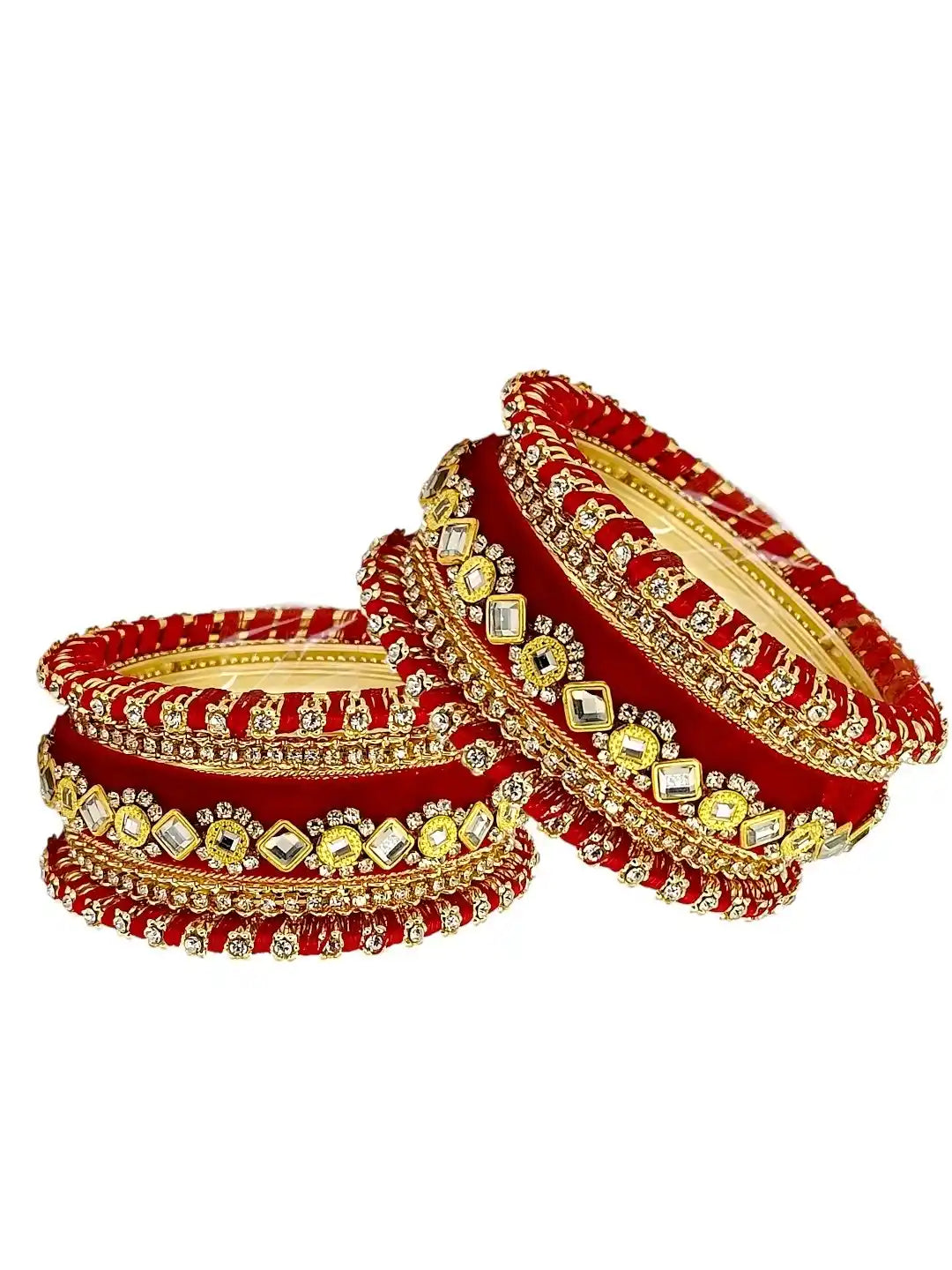 Set Of 10 Gold Plated Rose Red Velvet Silk Chuda Set