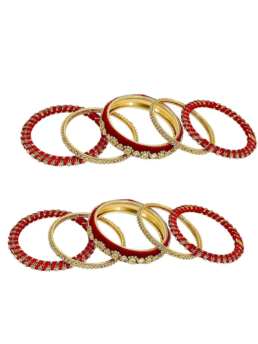 Set Of 10 Gold Plated Rose Red Velvet Silk Chuda Set
