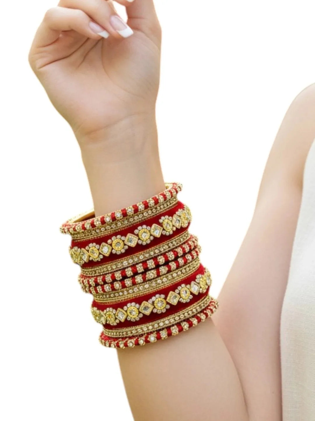 Set Of 10 Gold Plated Rose Red Velvet Silk Chuda Set