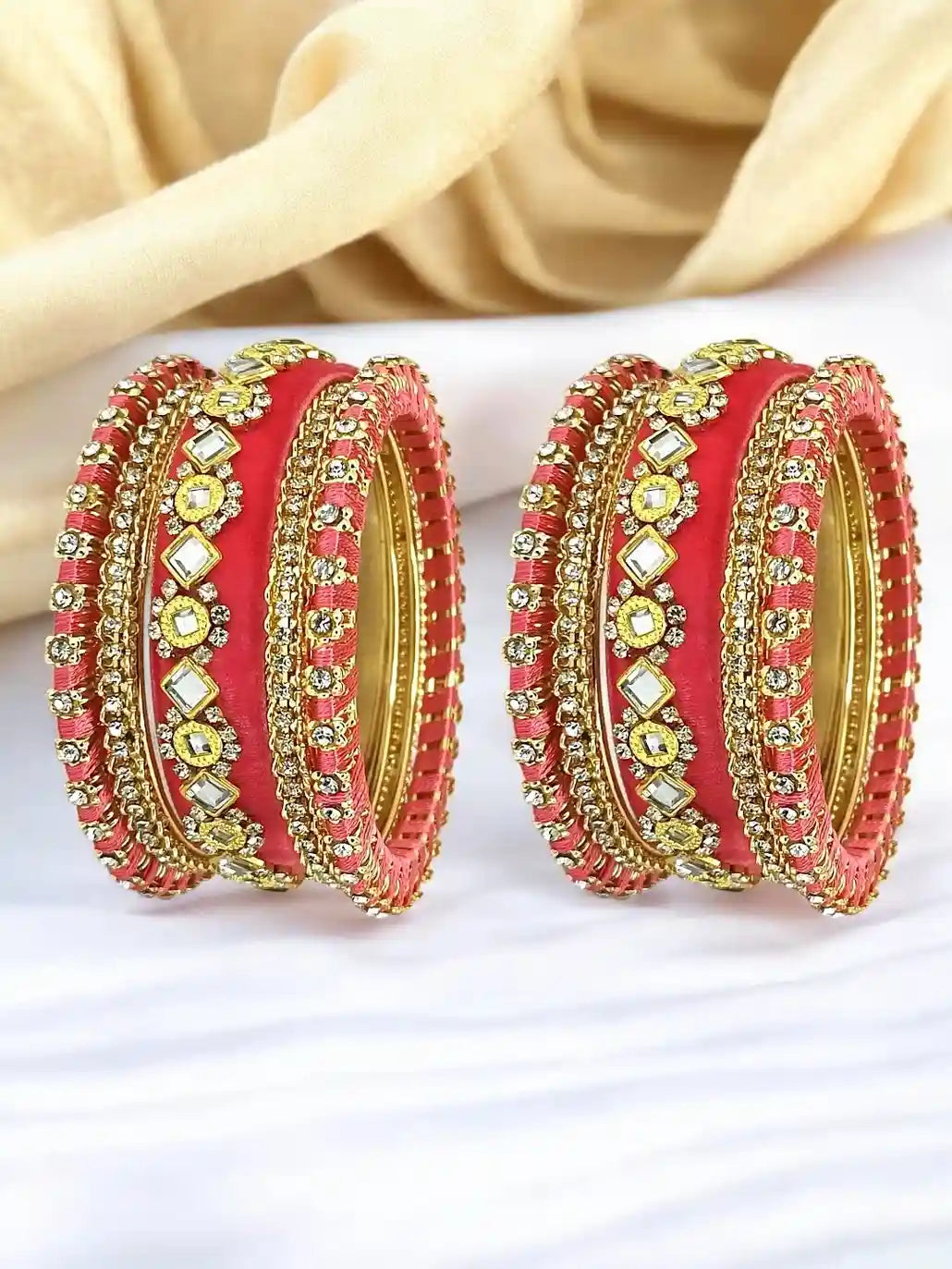 Set Of 10 Gold Plated Rose Pink Velvet Silk Chuda Set