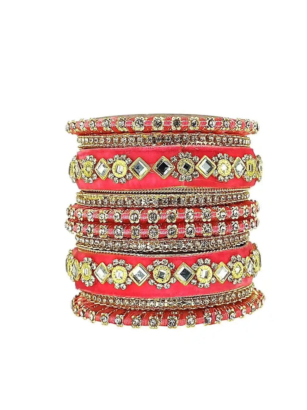 Set Of 10 Gold Plated Rose Pink Velvet Silk Chuda Set