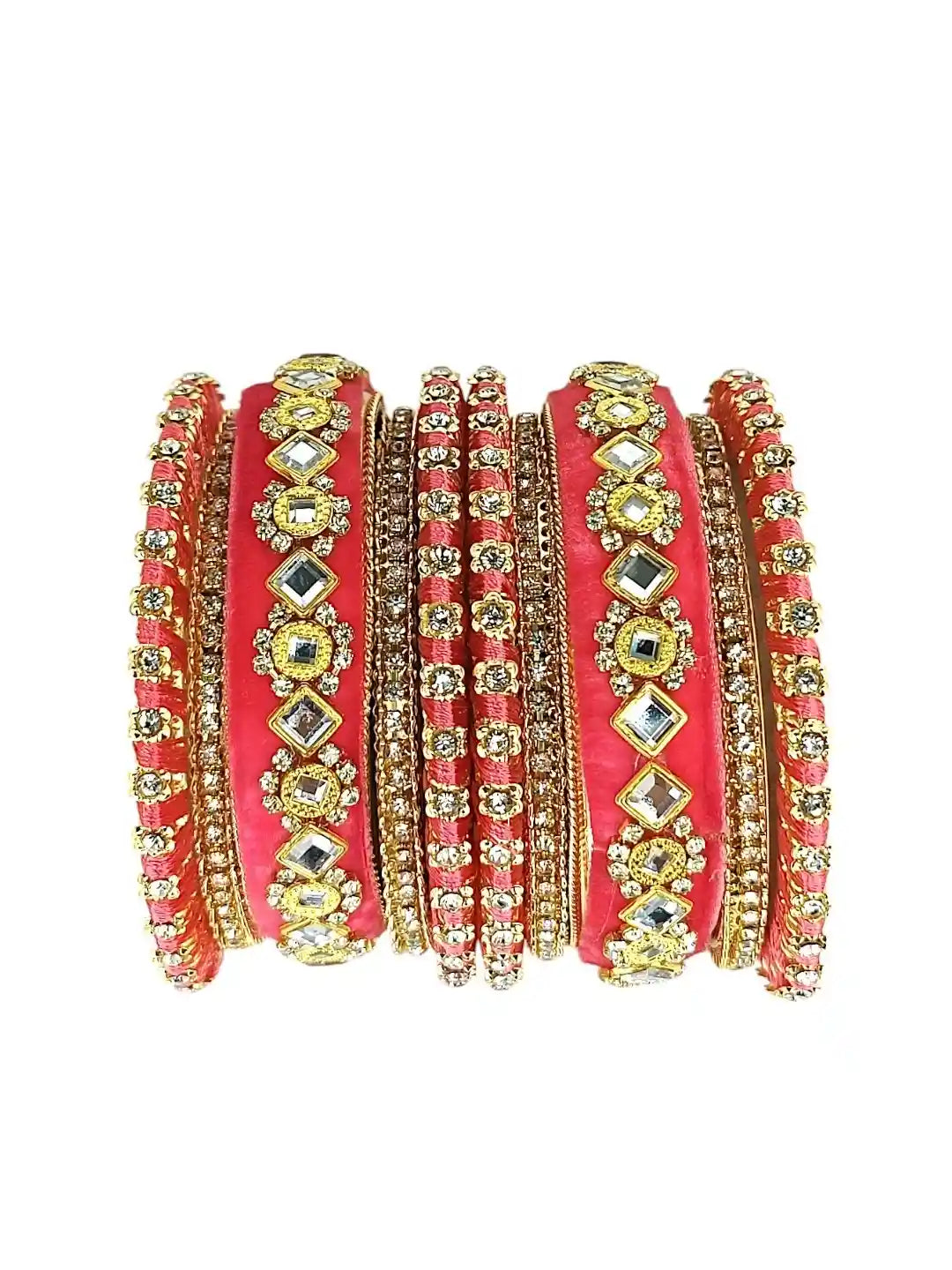 Set Of 10 Gold Plated Rose Pink Velvet Silk Chuda Set