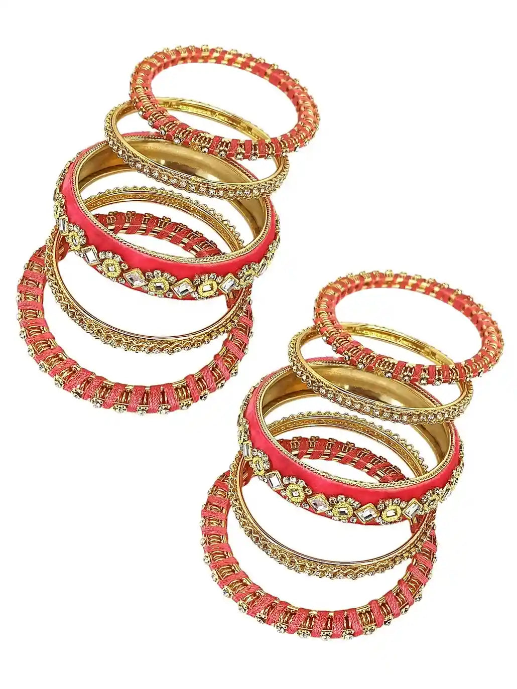 Set Of 10 Gold Plated Rose Pink Velvet Silk Chuda Set