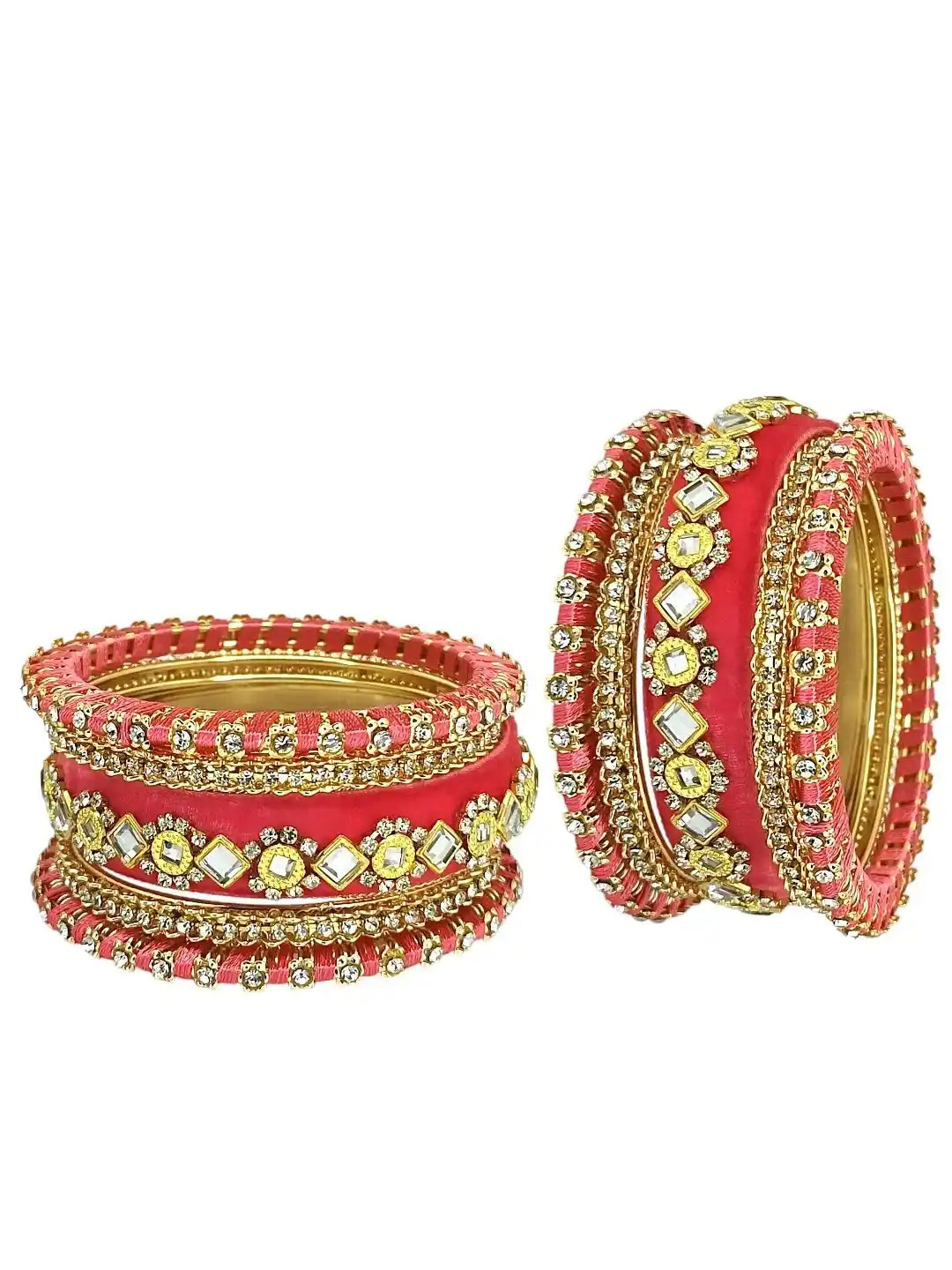 Set Of 10 Gold Plated Rose Pink Velvet Silk Chuda Set