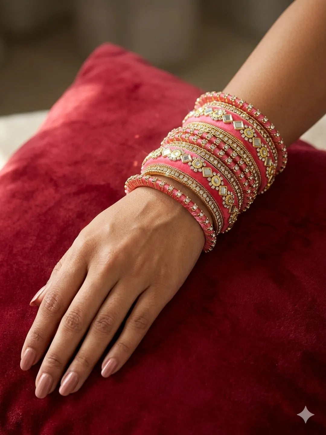 Set Of 10 Gold Plated Rose Pink Velvet Silk Chuda Set