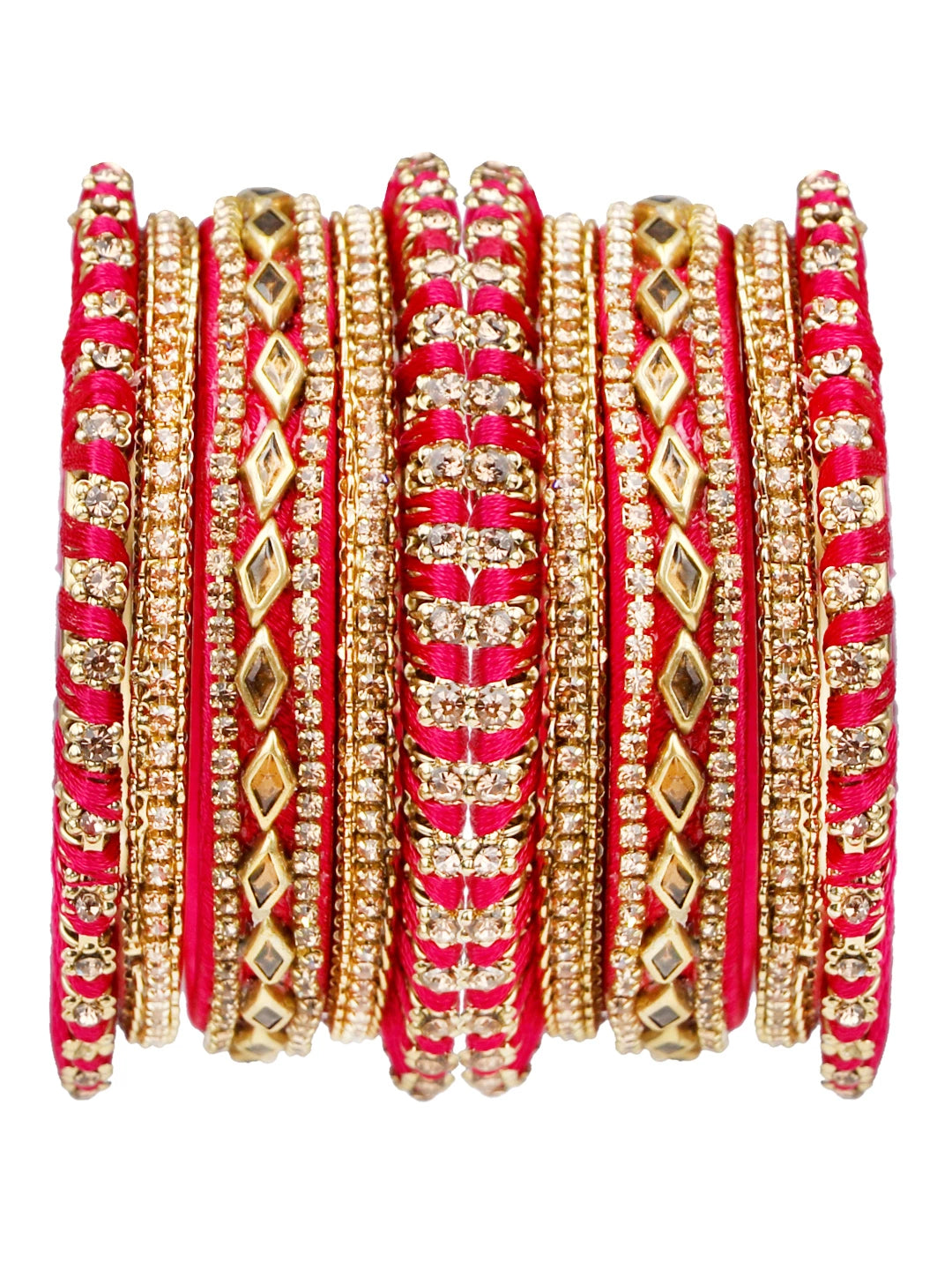 Anitque Gold Plated CZ Pink Thread Work 10pc Chuda Bangle