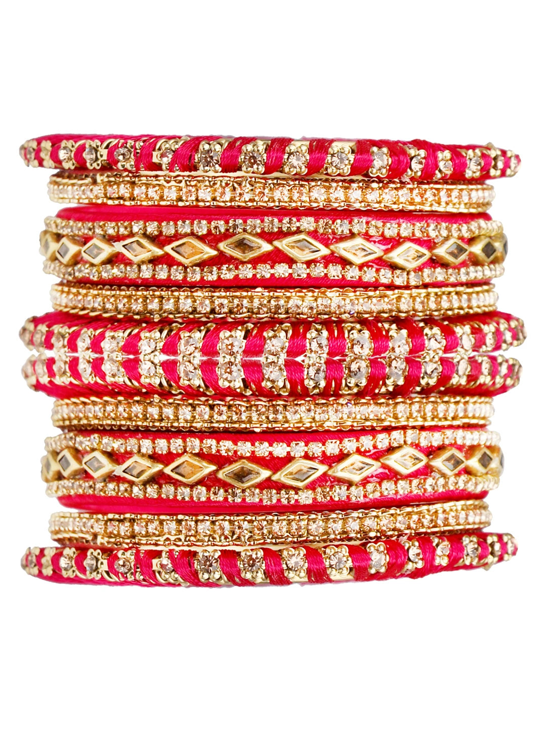 Anitque Gold Plated CZ Pink Thread Work 10pc Chuda Bangle