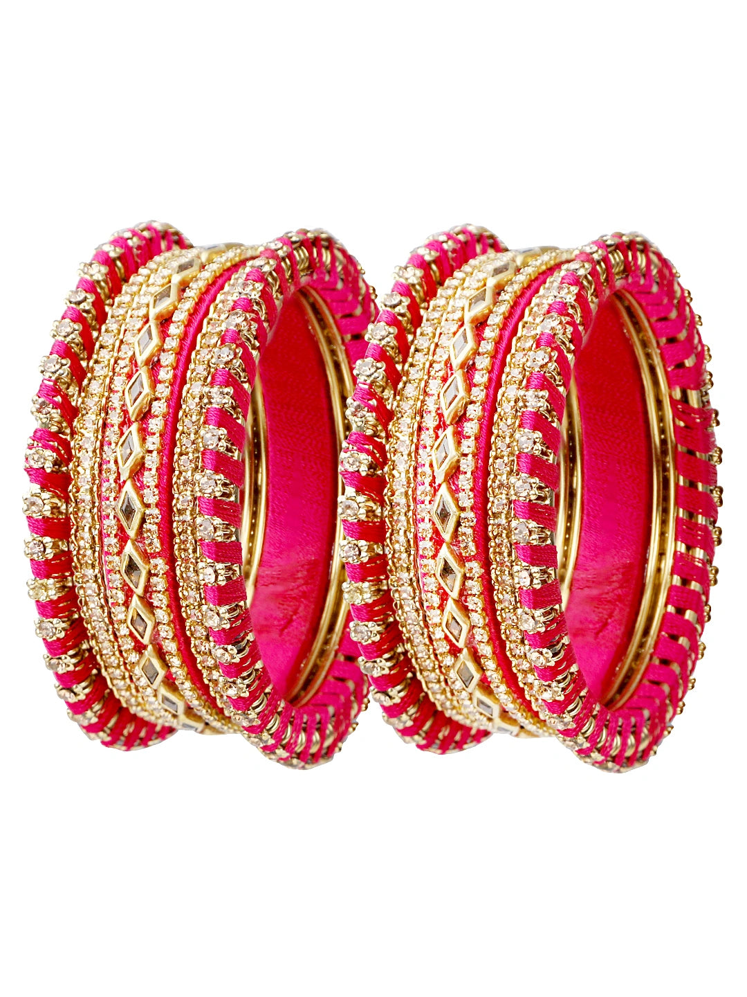 Anitque Gold Plated CZ Pink Thread Work 10pc Chuda Bangle