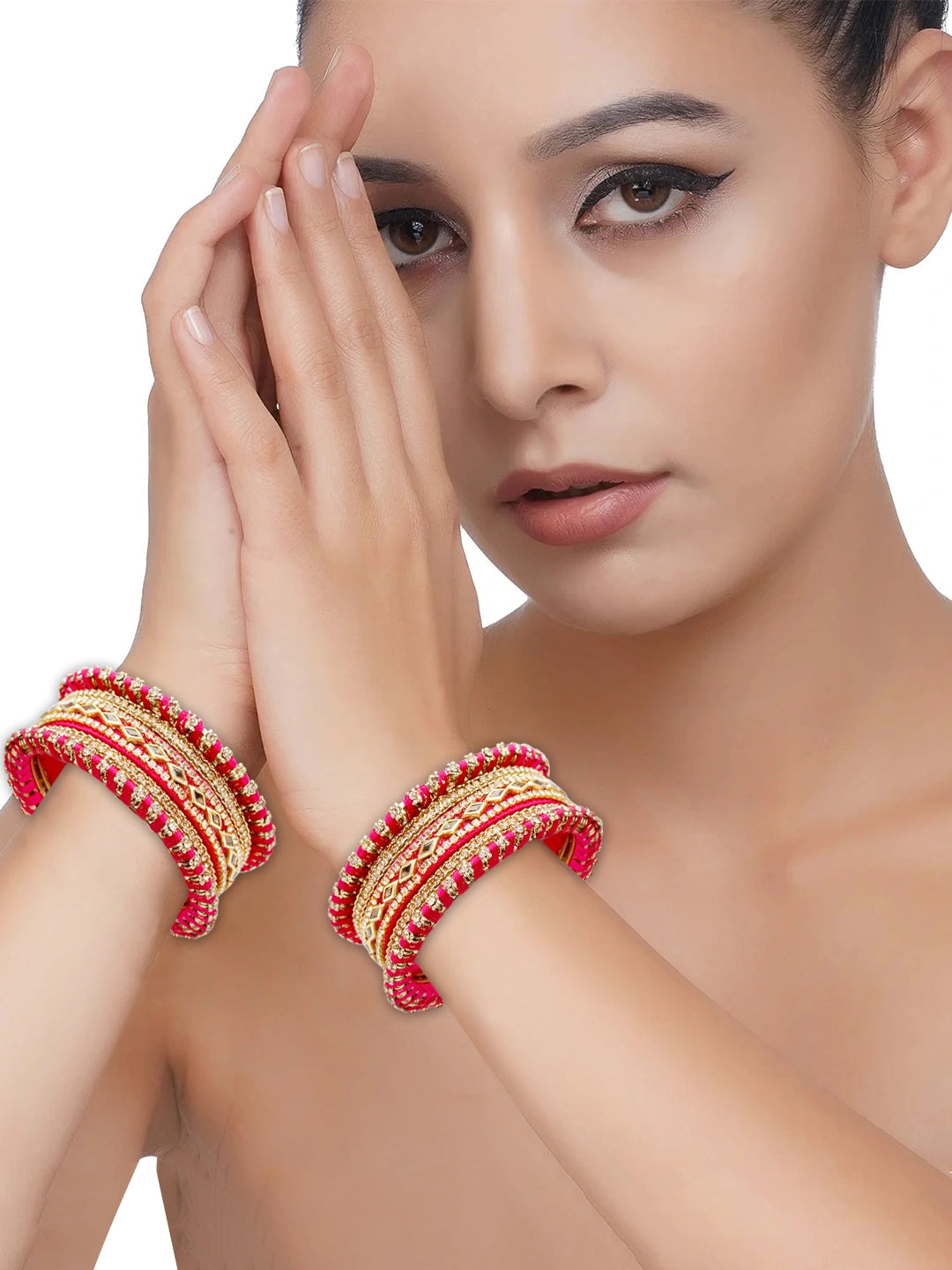 Anitque Gold Plated CZ Pink Thread Work 10pc Chuda Bangle