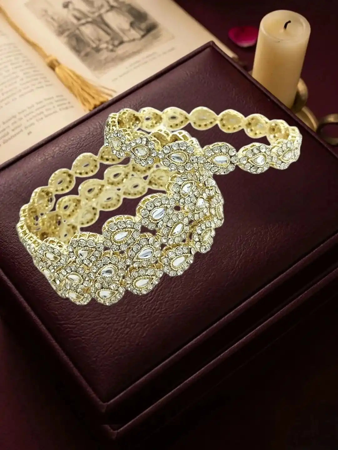 Gold Plated Set Of 4 Kundan Teardrop CZ Bangles