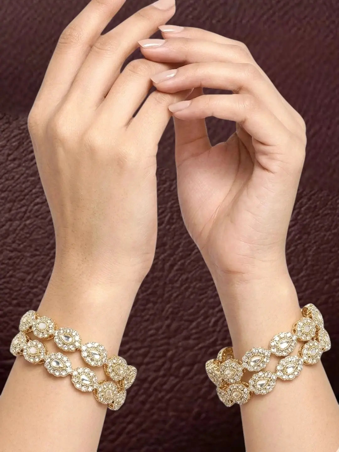 Gold Plated Set Of 4 Kundan Teardrop CZ Bangles