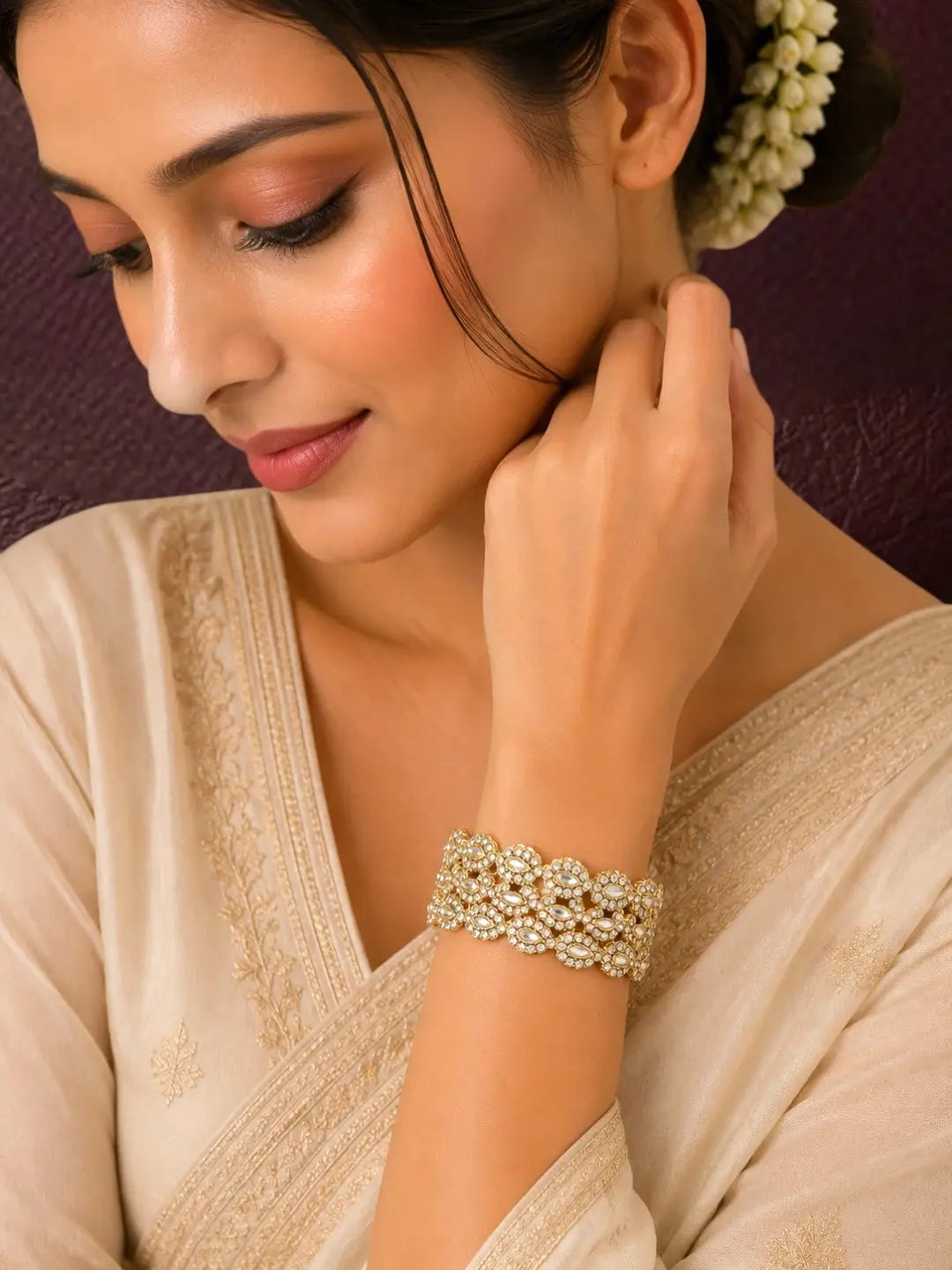Gold Plated Set Of 4 Kundan Teardrop CZ Bangles