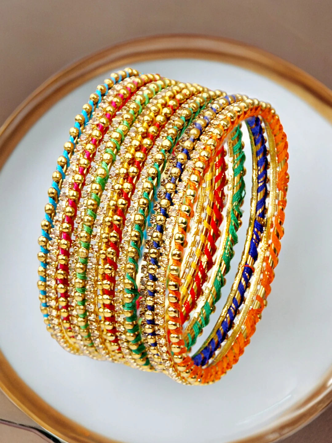 Multicolor Thread CZ Stone Gold Plated 14Pc Bangle