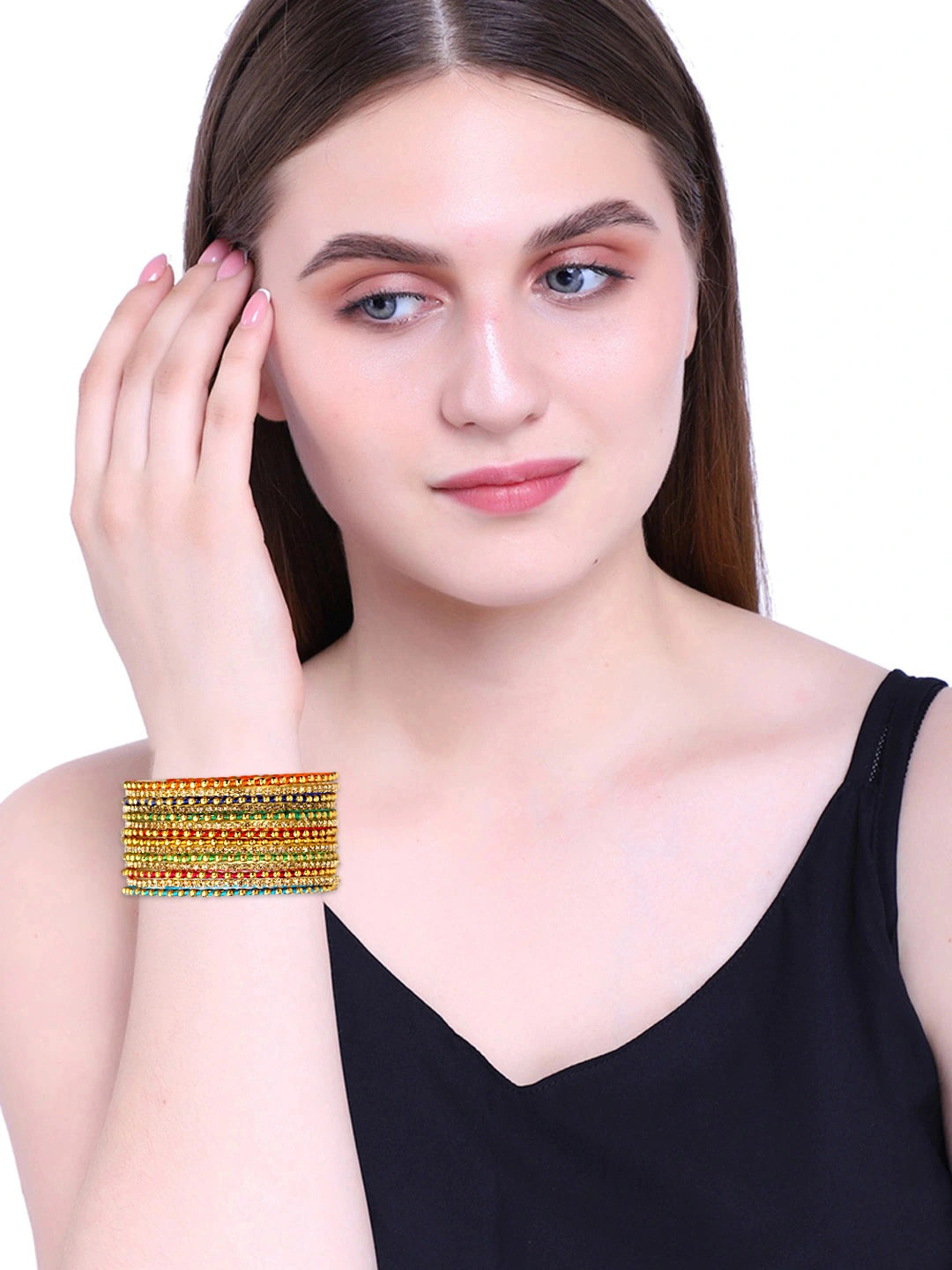 Multicolor Thread CZ Stone Gold Plated 14Pc Bangle