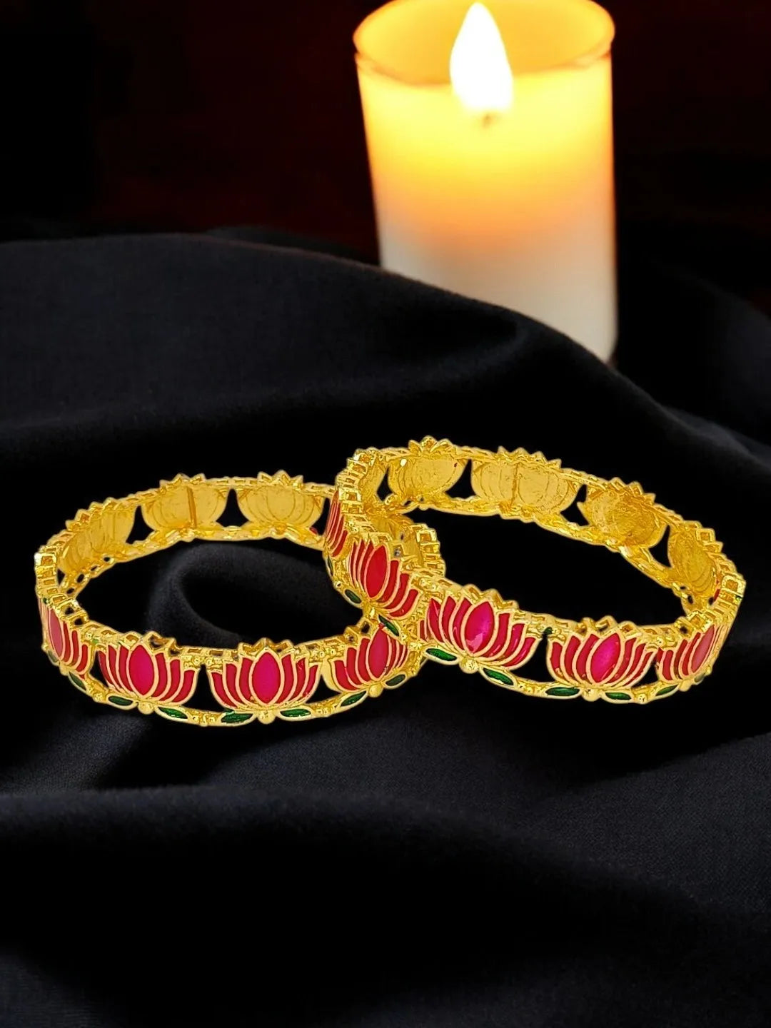 Set Of 2 Gold Plated Pink Lotus Motif Designer Bangles