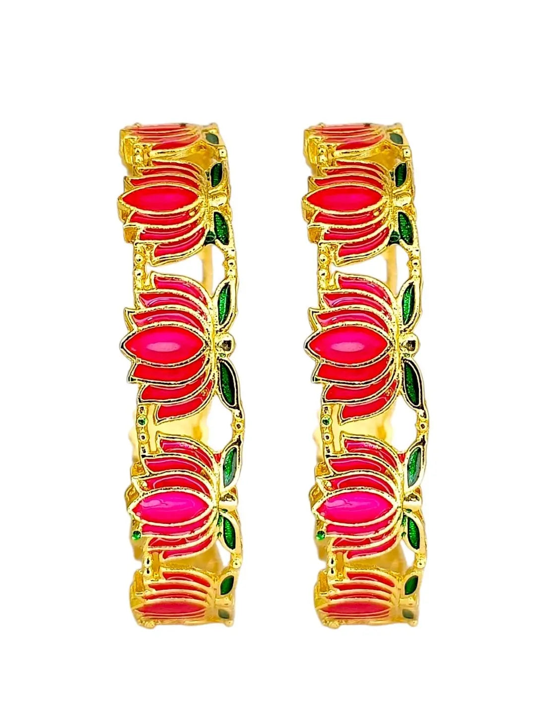 Set Of 2 Gold Plated Pink Lotus Motif Designer Bangles