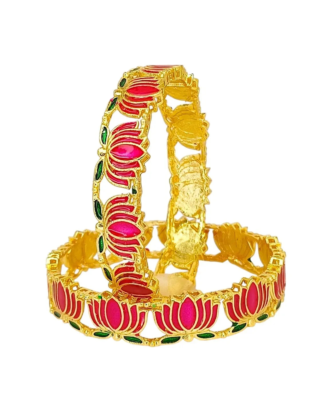 Set Of 2 Gold Plated Pink Lotus Motif Designer Bangles