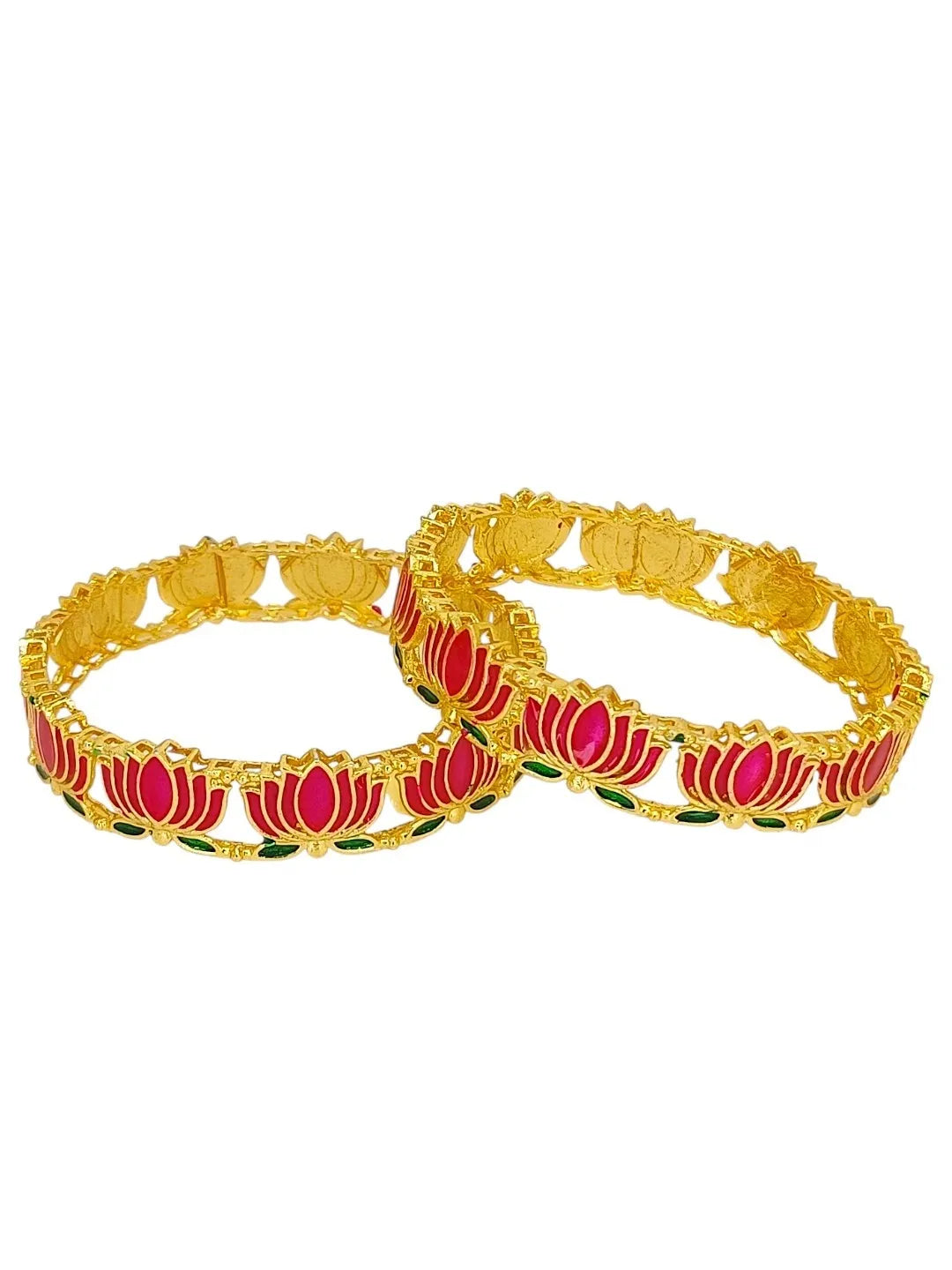 Set Of 2 Gold Plated Pink Lotus Motif Designer Bangles