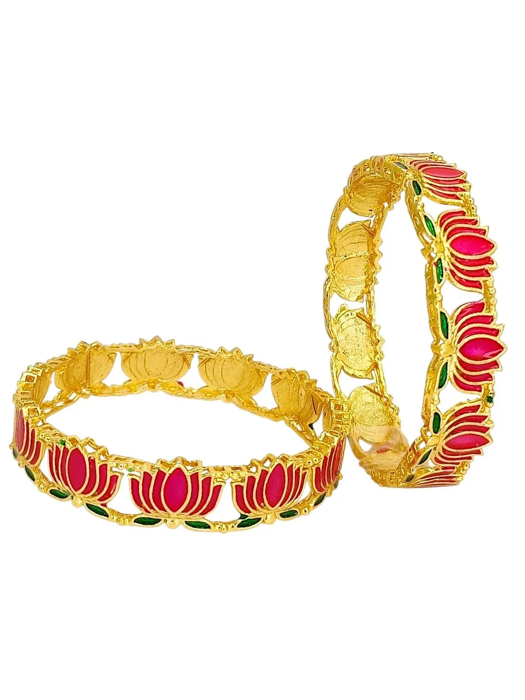 Set Of 2 Gold Plated Pink Lotus Motif Designer Bangles