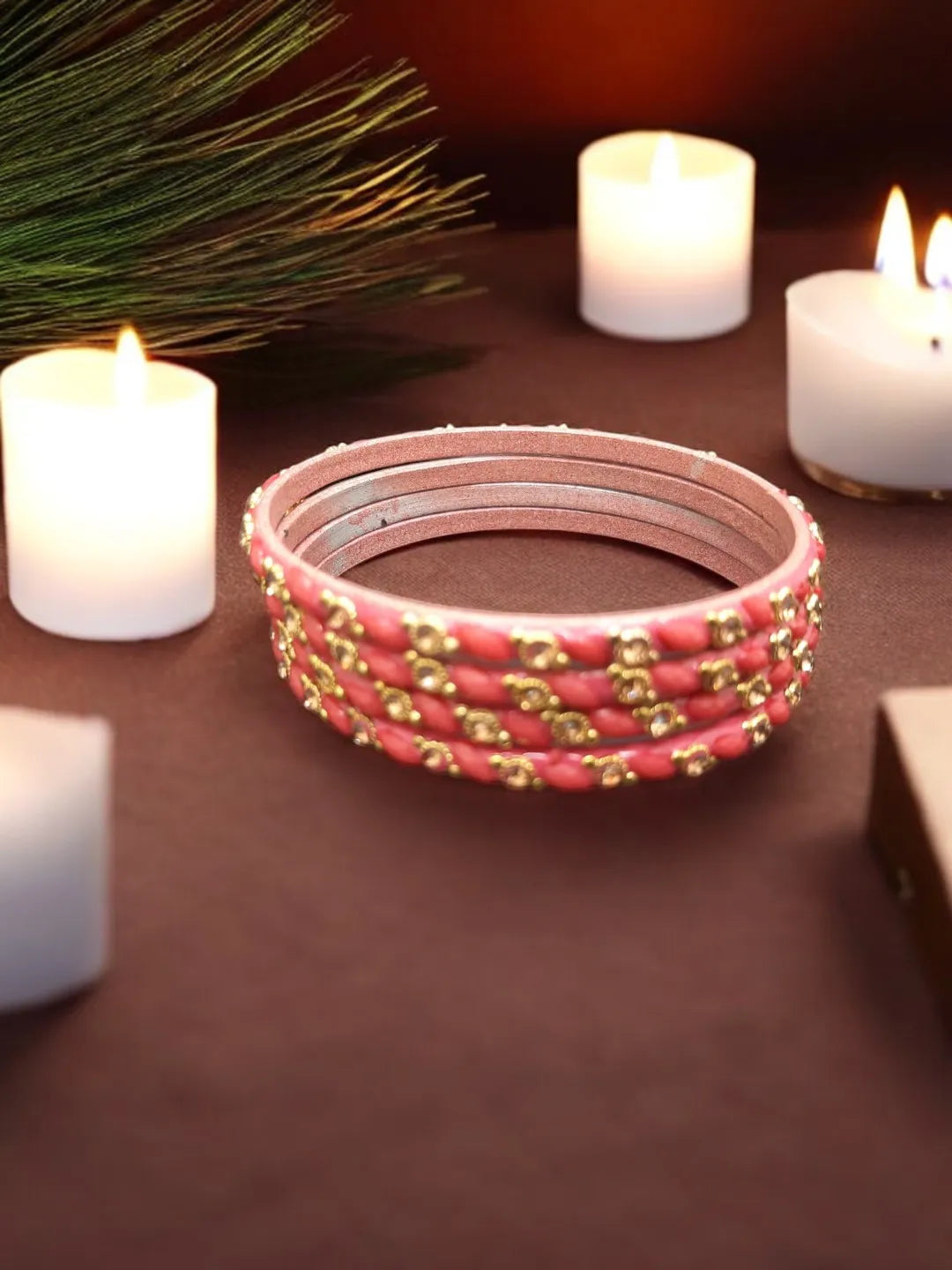 Set Of 4 Gajri Stone Studded Glass Bangles Set