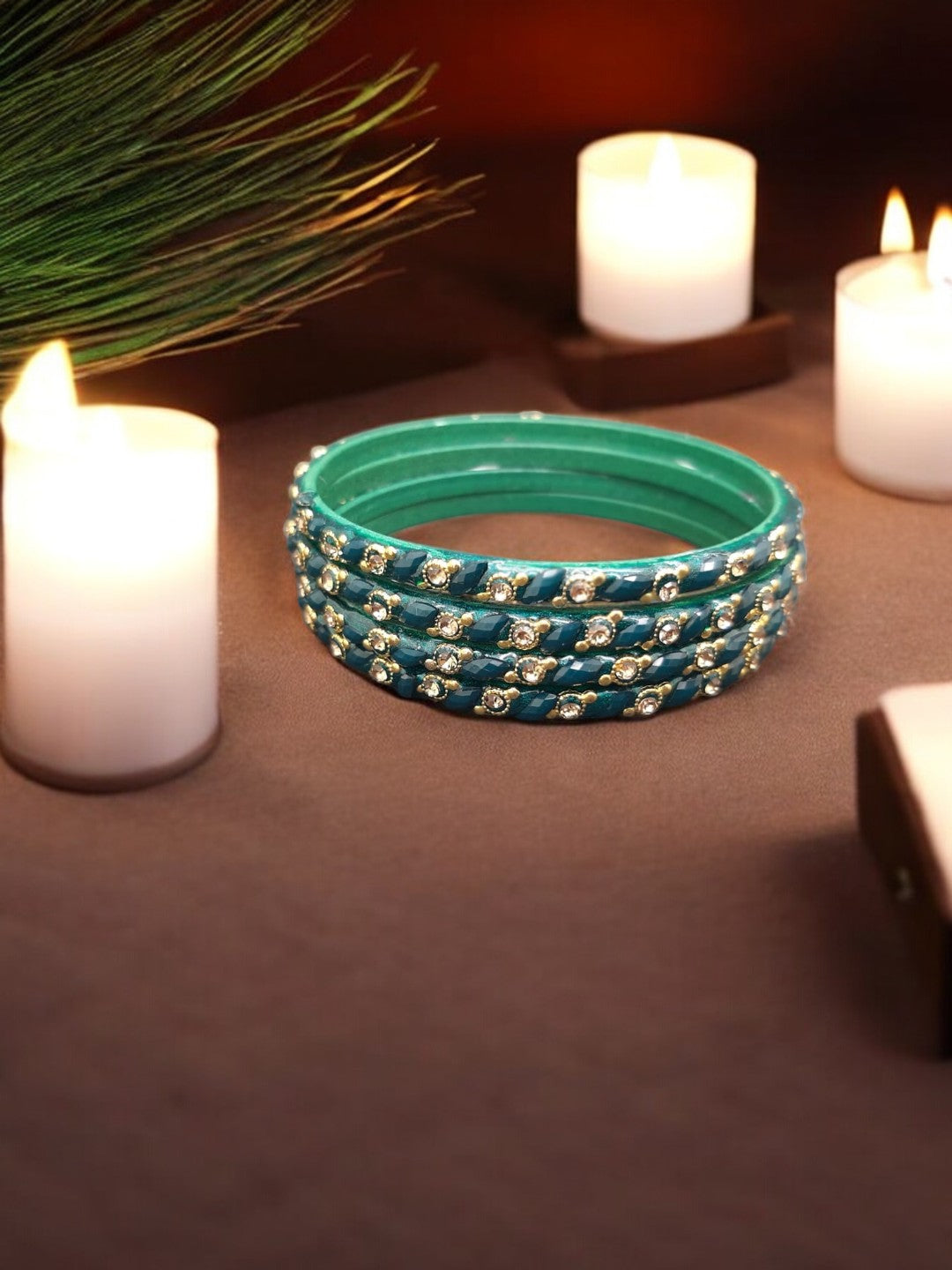 Set Of 4 Green Stone Studded Glass Bangles Set