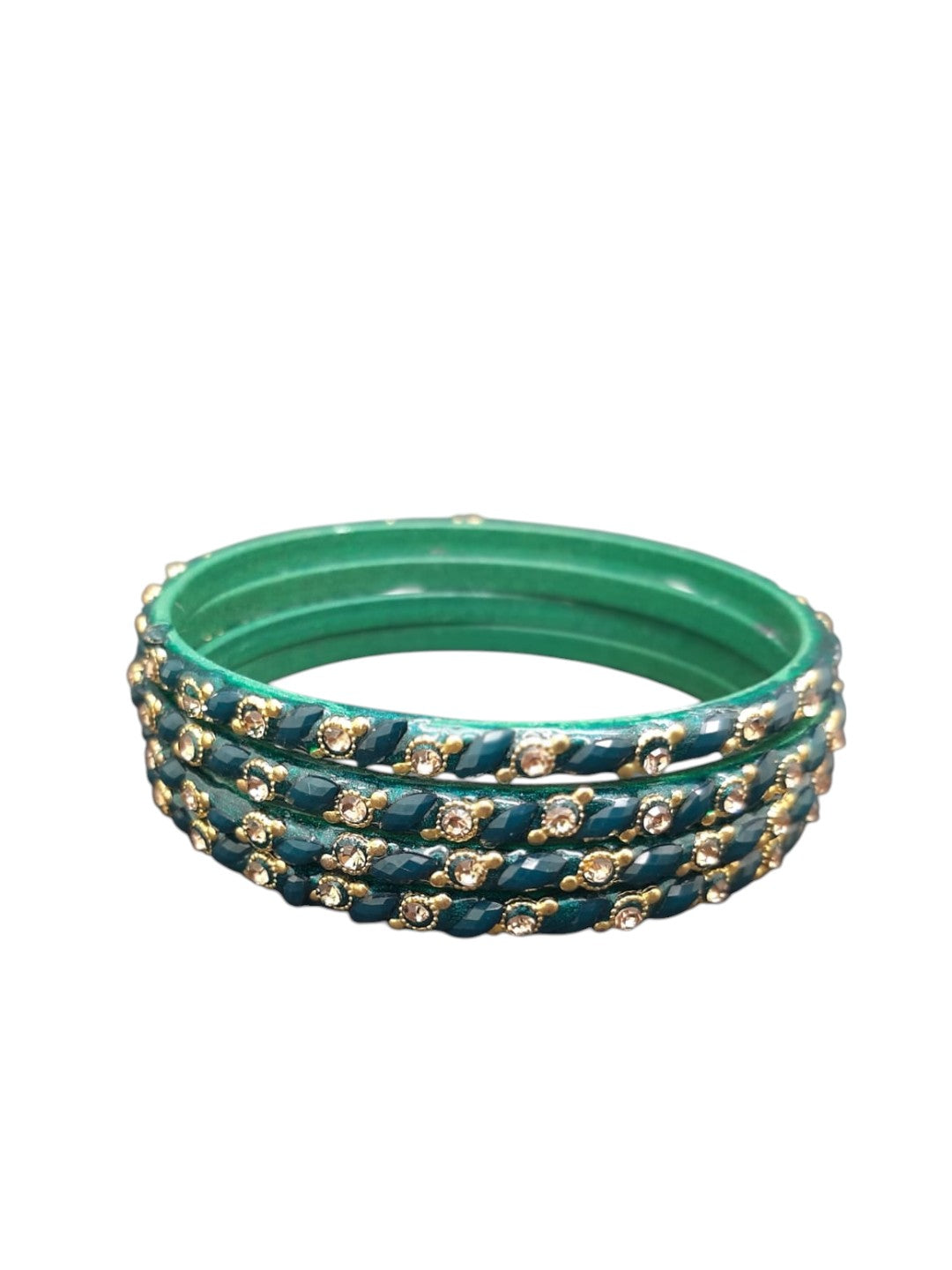 Set Of 4 Green Stone Studded Glass Bangles Set