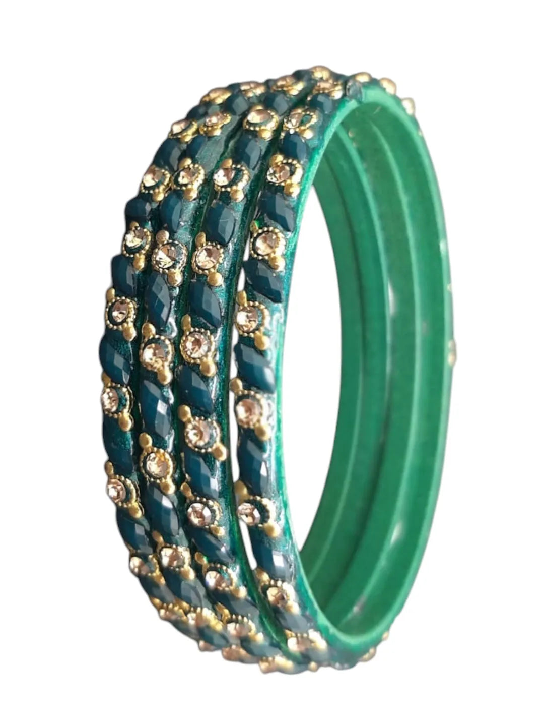 Set Of 4 Green Stone Studded Glass Bangles Set