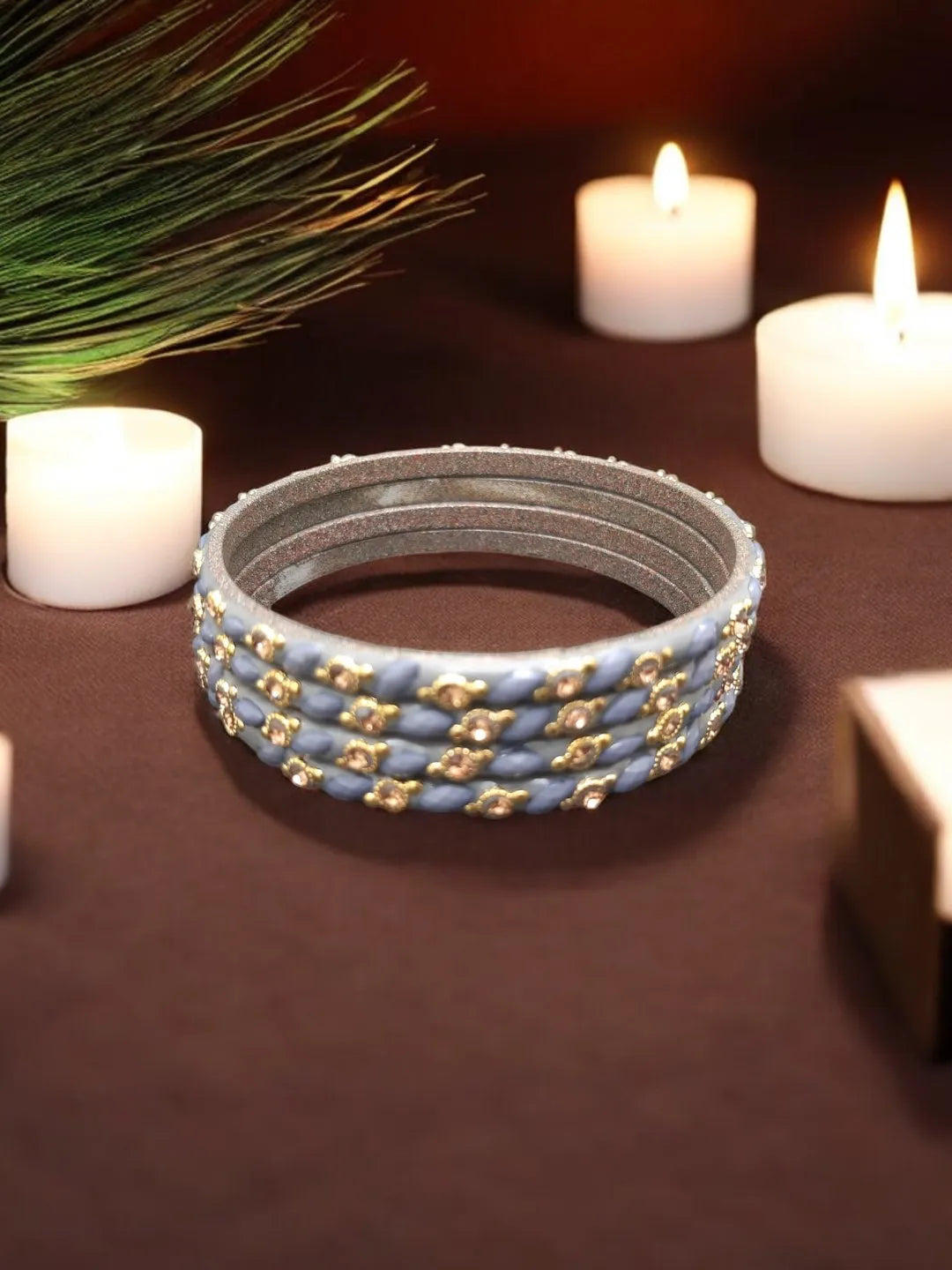 Set Of 4 Grey Cubic Zircon Studded Glass Bangles