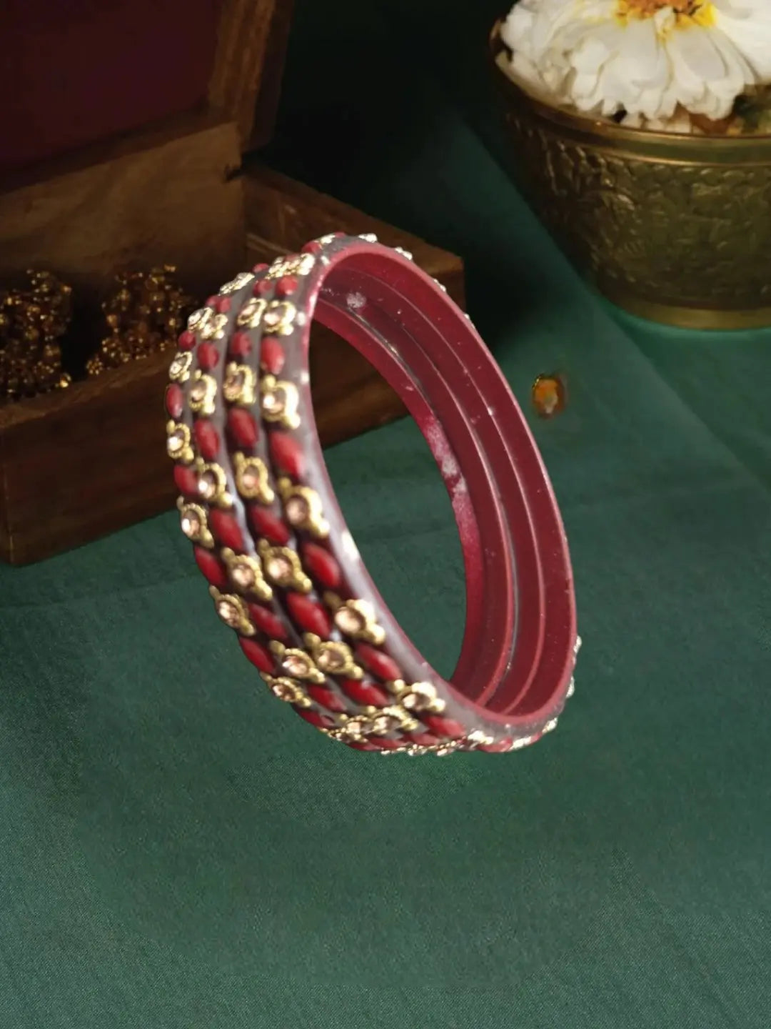 Set Of 4 Marron Stone Studded Glass Bangles Set