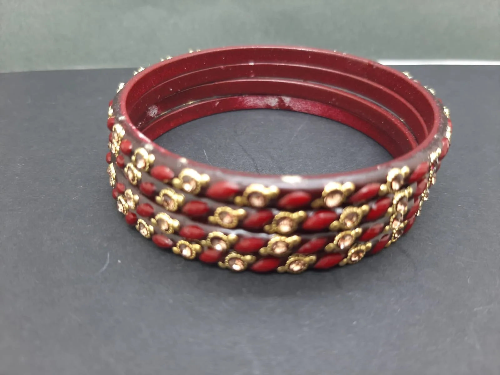 Set Of 4 Marron Stone Studded Glass Bangles Set