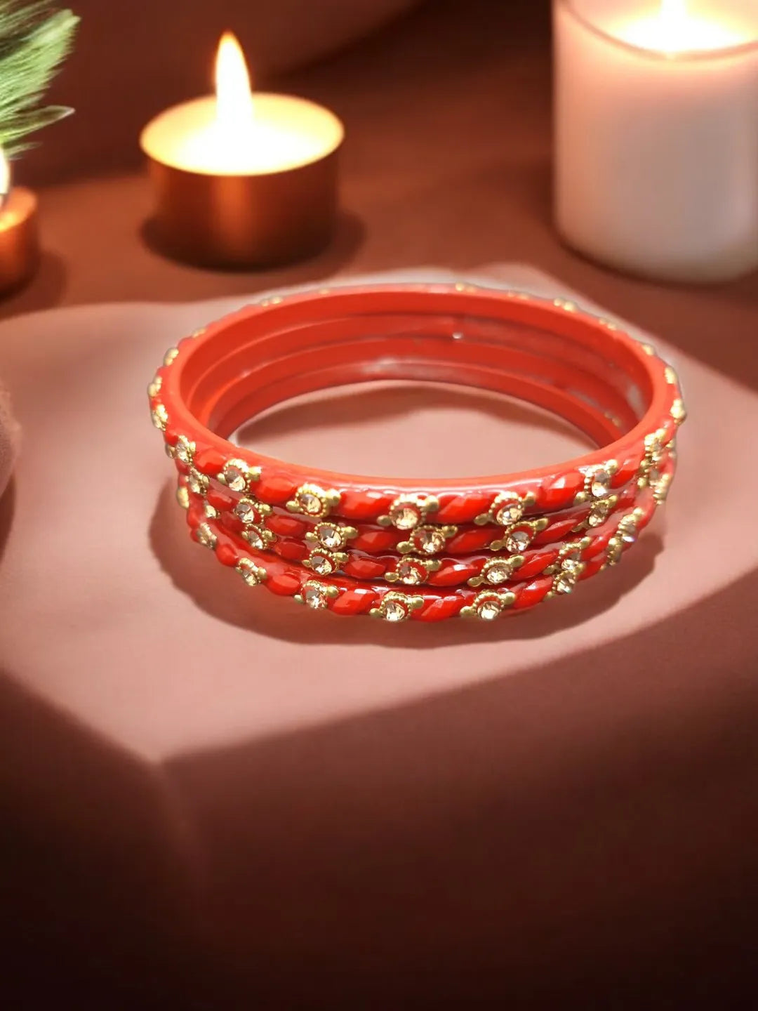 Set Of 4 Red Stone Studded Glass Bangles Set