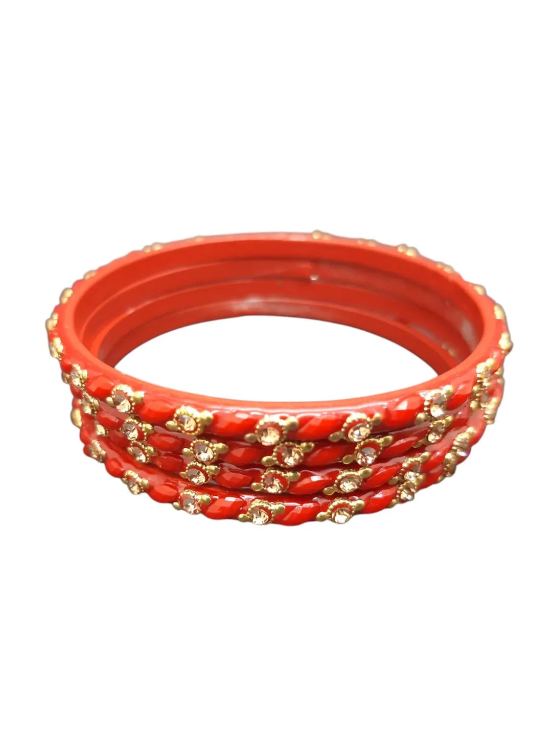 Set Of 4 Red Stone Studded Glass Bangles Set