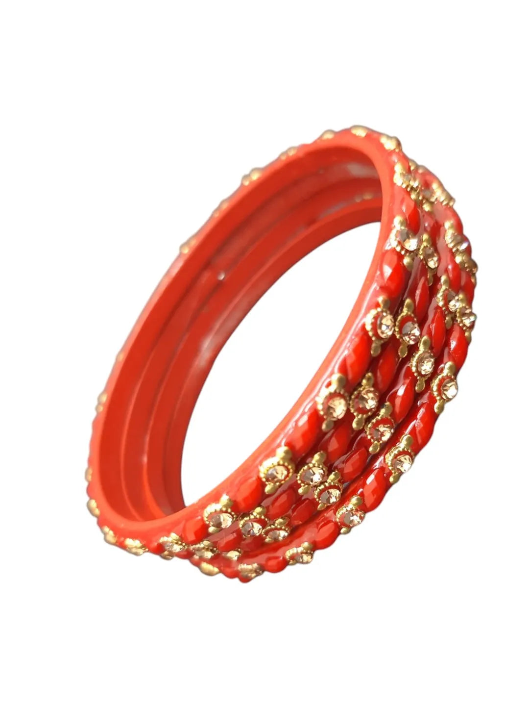 Set Of 4 Red Stone Studded Glass Bangles Set