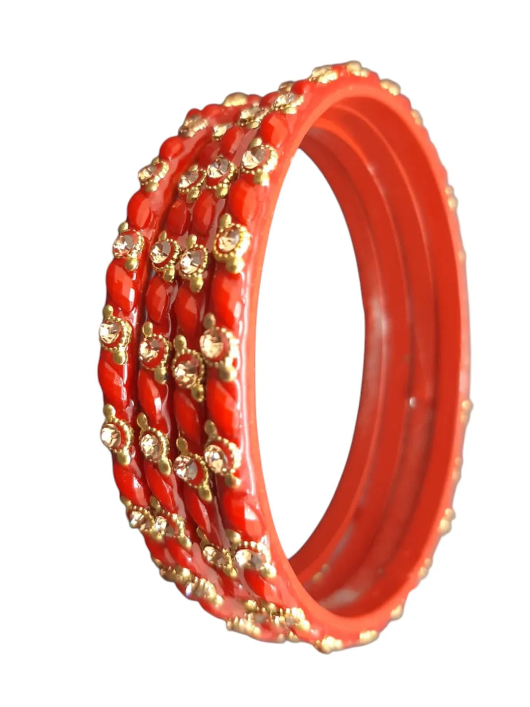 Set Of 4 Red Stone Studded Glass Bangles Set