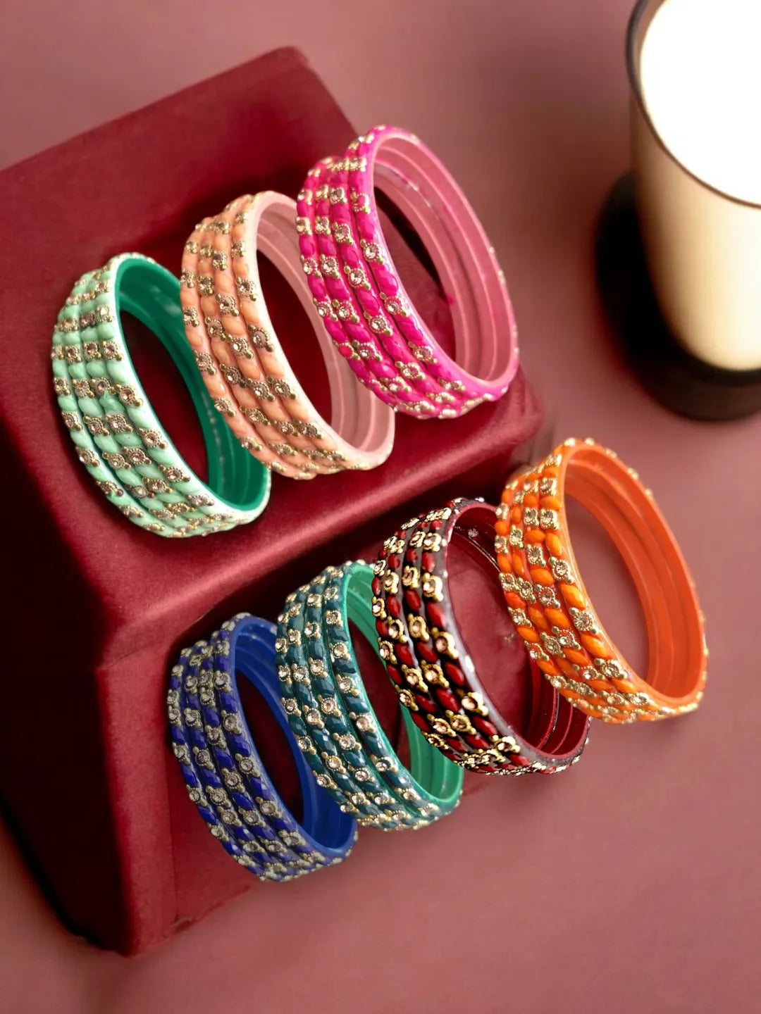 Multicolor Stone Studded Glass Bangles Set