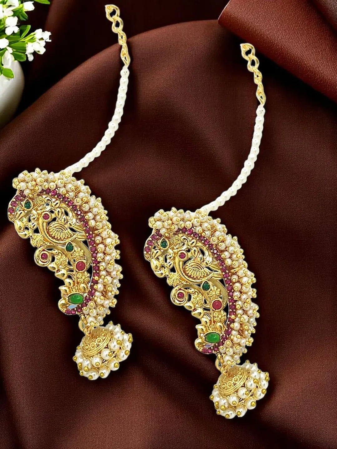 Gold-Plated Artificial Stones Studded & Beaded Ethnic Jhumkas With Chain