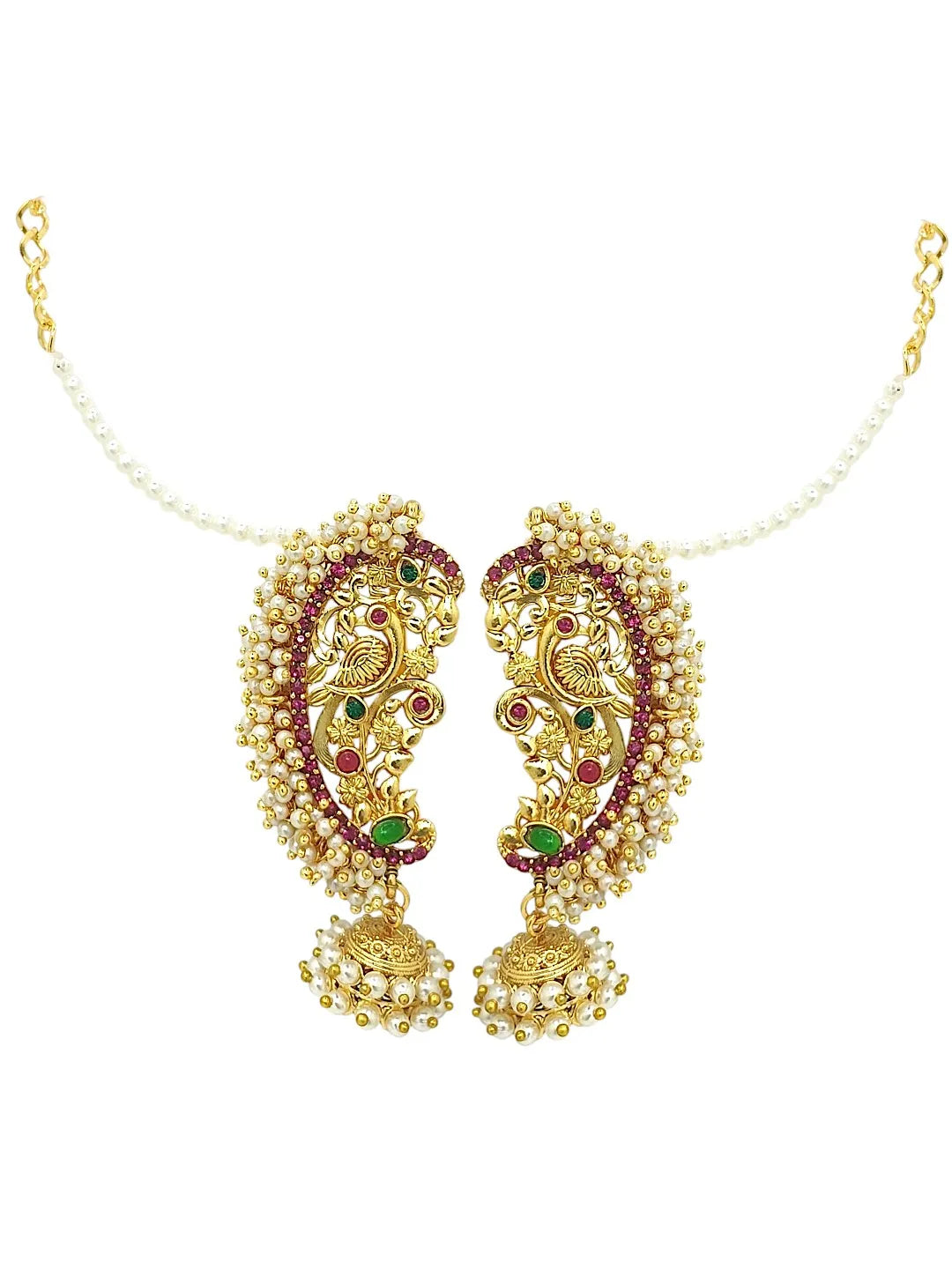 Gold-Plated Artificial Stones Studded & Beaded Ethnic Jhumkas With Chain