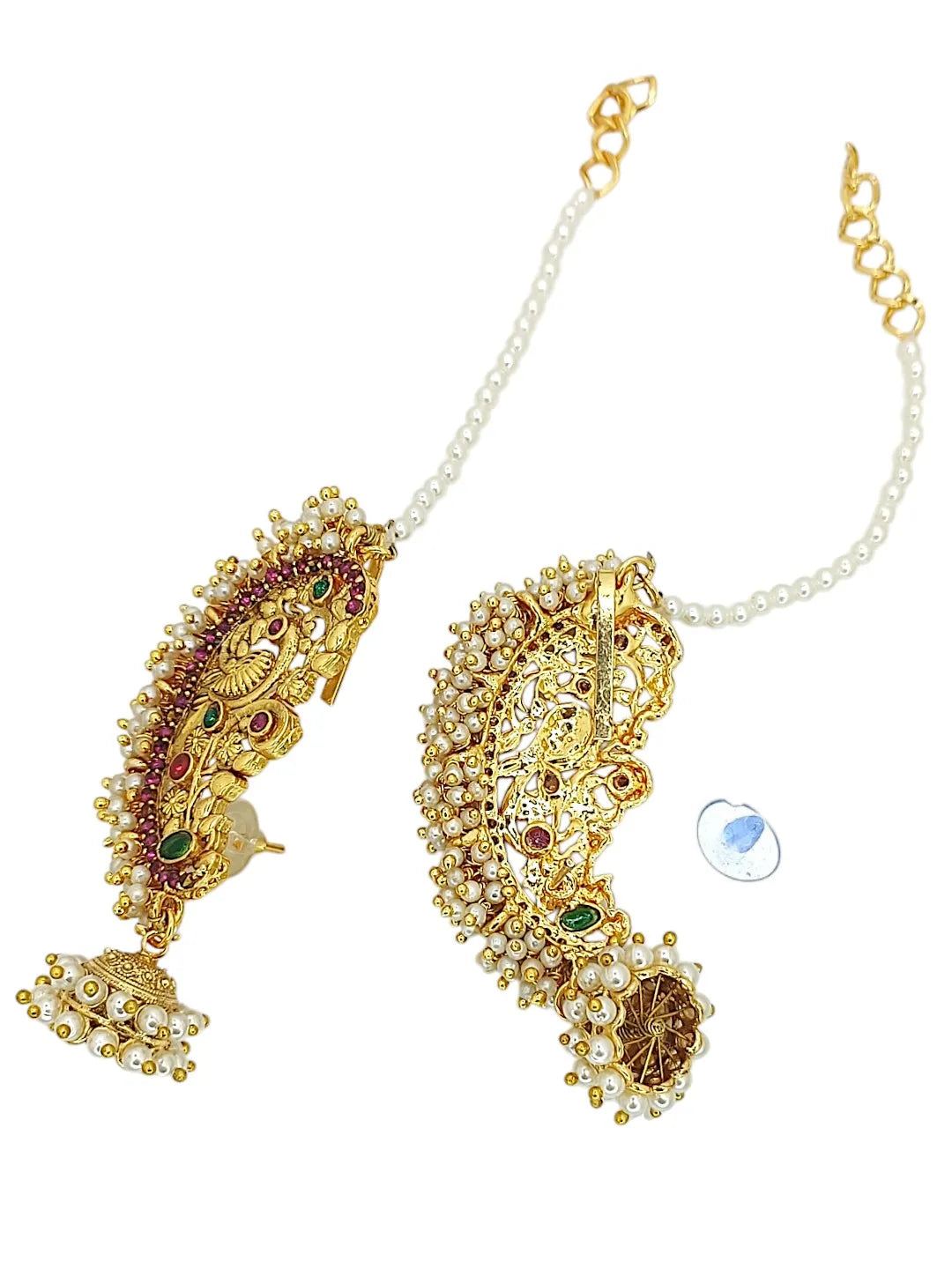 Gold-Plated Artificial Stones Studded & Beaded Ethnic Jhumkas With Chain
