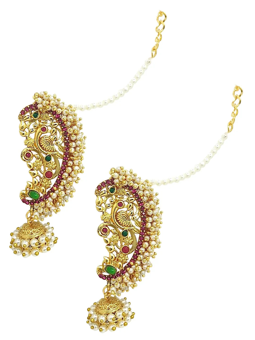 Gold-Plated Artificial Stones Studded & Beaded Ethnic Jhumkas With Chain