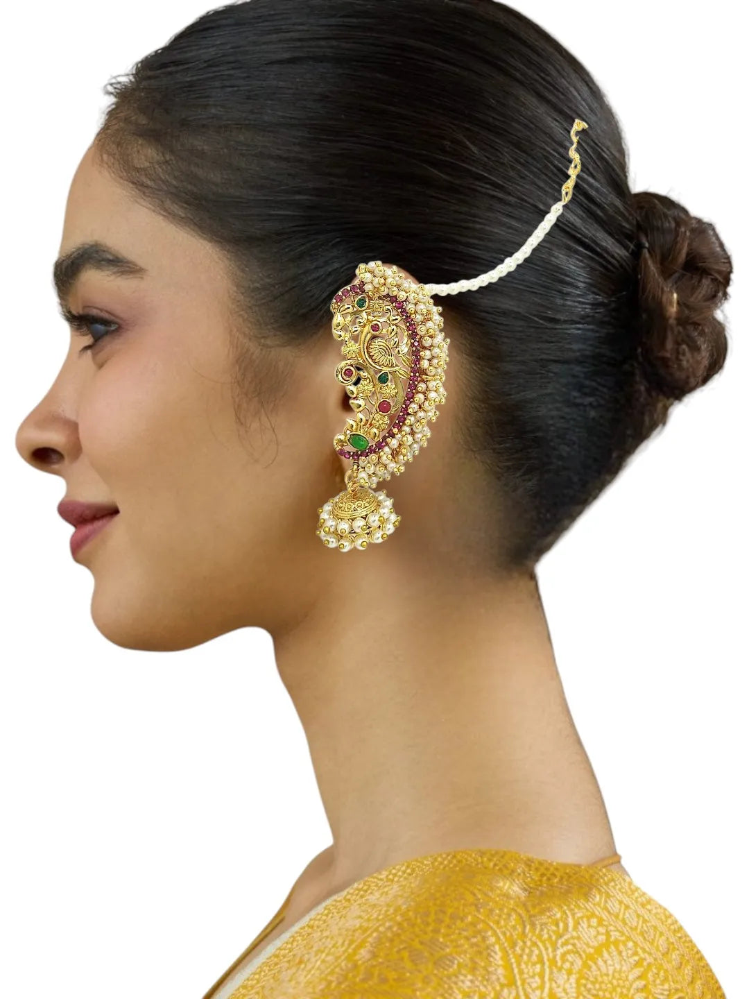 Gold-Plated Artificial Stones Studded & Beaded Ethnic Jhumkas With Chain