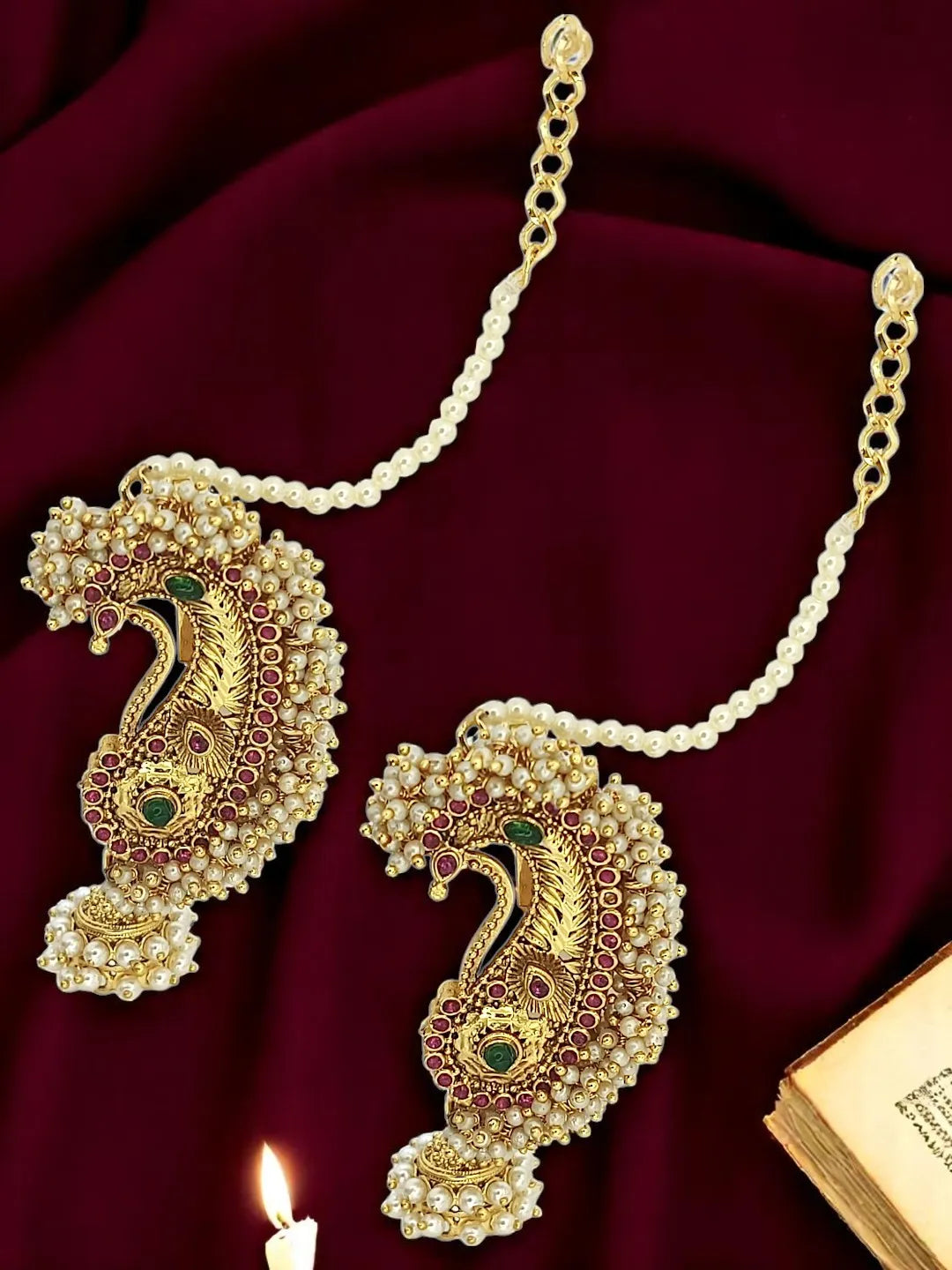 Gold-Plated Artificial Stones Studded & Beaded Dome Shaped Jhumkas With Chain